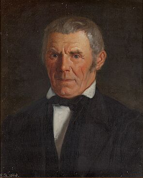 Friedrich Stirnimann: Herrenbildnis / Bauer (1868). Zusammen mit dem "Frauenbildnis / Bäuerin" das älteste bekannte Gemälde Stirnimanns. 
