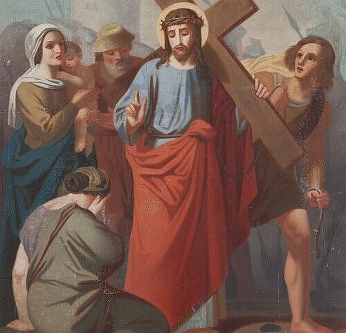 Friedrich Stirnimann: Kreuzweg-Bild «Jesus begegnet den weinenden Frauen» (1873) in der Pfarrkirche Ettiswil (Ausschnitt) 