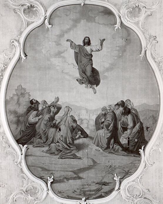 Friedrich Stirnimann: Christi Himmelfahrt (1873) in der Pfarrkirche Ettiswil. Das Bild wurde bei der Restaurierung der Kirche 1956/57 entfernt.