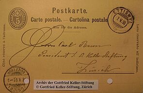 Postkarte Friedrich Stirnimann an Carl Brun (Präsident Gottfried Keller-Stiftung), 7. Mai 1898