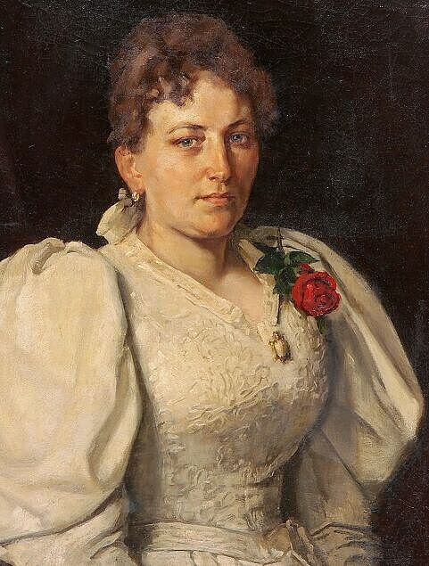 Friedrich Stirnimann: Bildnis einer jungen Frau in weissem Kleid mit roter Rose, 1896