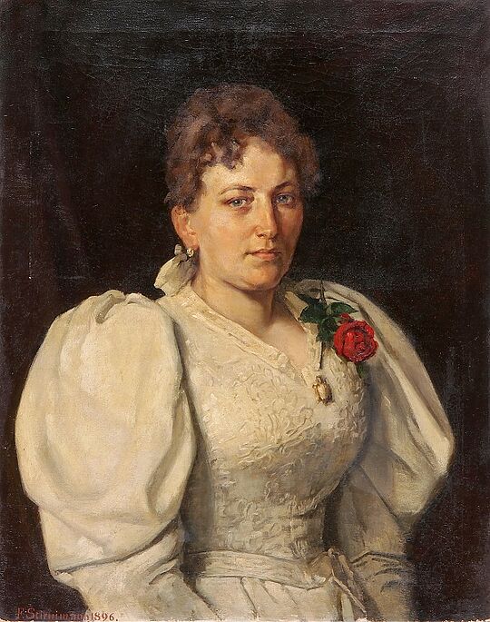 Werk Bildnis einer jungen Frau in weissem Kleid mit roter Rose und Medaillon