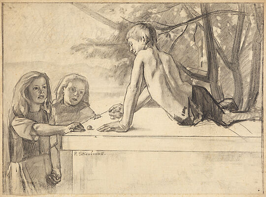 Werk Knabe, auf Mauer sitzend, daneben stehend zwei Mädchen