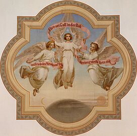 Friedrich Stirnimann: «Drei Weihnachtsengel» (um 1878) in der Pfarrkirche Schötz. Schriftband «Ehre sei Gott in der Höh' / und Frieden den Menschen auf Erden / die eines guten Willens sind».