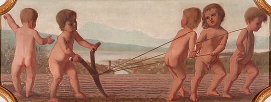 Werk Fünf säende und pflügende Putti. Im Hintergrund das Luzerner Seebecken mit der Stadt und der Rigi